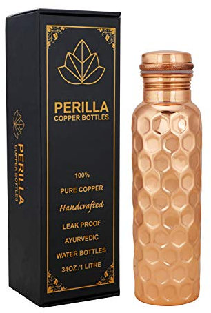 Perilla Home Bouteille d'eau en cuivre pur ayurvédique anti-fuite – Buvez plus d'eau et profitez des bienfaits pour la santé – Pour la salle de sport et le yoga (motif