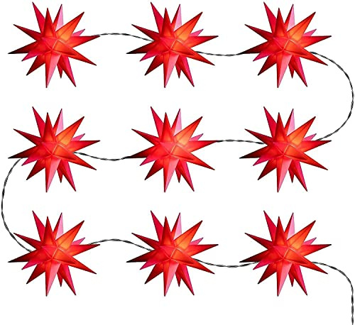 3D LED 9 kleine Sterne Ø 8 cm Sternenkette Lichterkette Weihnachtsstern Außenstern Adventsstern - für den Tannenbaum für innen und außen – Länge 8 m Kabel mit Timer wetterfest von Dekowelt (Rot)