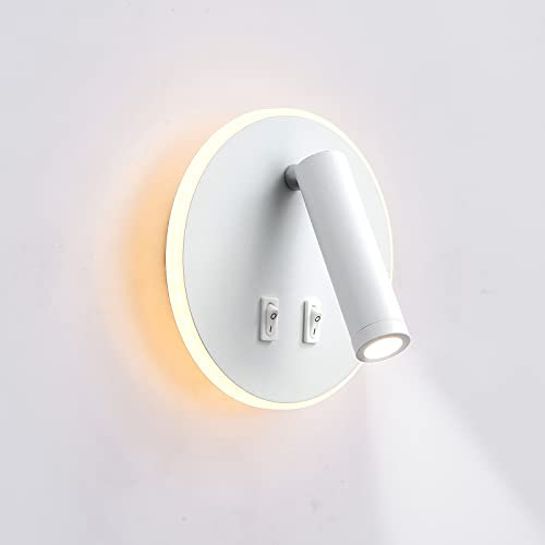 uksunvi Applique LED, applique de lecture de chevet, liseuses murales LED 12W, spot orientable (3W + 9W 3000K lumière chaude) blanche(Forme ronde)