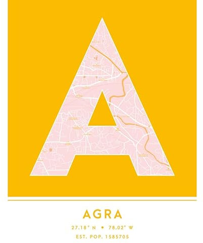 Wee Blue Coo Agra India City Map Yellow Colour Block Modern Typography Stylish Letter Unframed Word Wall Art Print Poster for Home Décor CITYMAP1