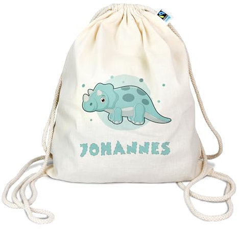 Bio Turnbeutel mit Namen personalisiert | Motiv Triceratops Dinosaurier | Schuhbeutel Sportbeutel Wäschebeutel Rucksack für Kinder Jungen & Mädchen | hell blau