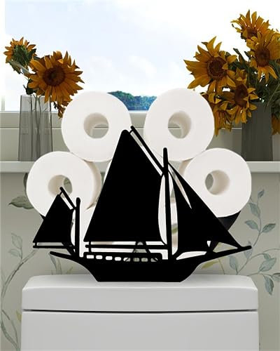 Sailboat Toilet Paper Roll Holder Stand, Metal Free-Standing Black Toilet Paper Holder for 8 Rolls, Paper Roll Storage Rack, Bathroom Floor Decor Accessories