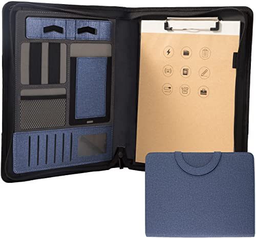 Padfolio-Ordner mit Reißverschluss, A4, multifunktionale Portfolio-Leder-Kombination, mit Notebook, Business-Konferenz-Organizer, Notizblock-Tasche für Damen/Herren (nicht Taschenrechner-blau)
