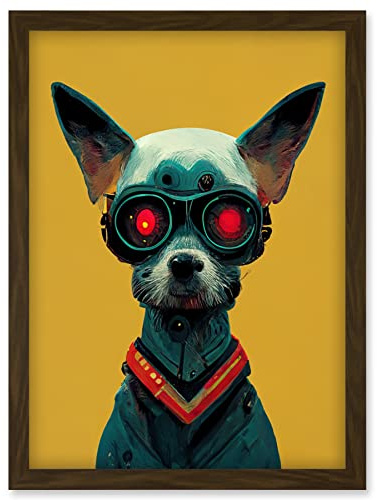 Doppelganger33 LTD Cyborg Chihuahua Dog With Infrared Goggles In Mustard Red Background Artwork Framed Wall Art Print A4