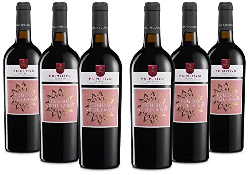 Feudo Apuliano Primitivo del Salento IGP, Vino Rosso dal Profumo di Frutta Matura, Gusto Morbido e Armonico, 14.5% Vol, Confezione con 6 Bottiglie da 750 ml