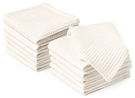 Encasa XO Kitchen Dish Towels Set | Natural | Waffle Weave and Flat Hand Tea Towel | 30x30 cm | Quick Drying Reusable Cotton Washcloths | Multipurpose Lightweight Dishcloths Set of 12