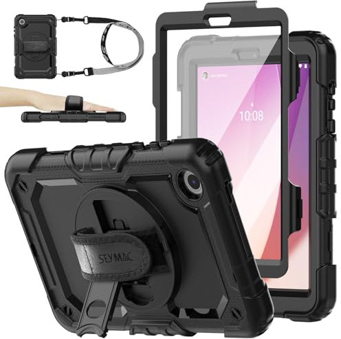 SEYMAC stock Case for Lenovo Tab M8 4th Gen 8 inch 2024/2023 (TB-301FU/TB-300FU/TB-300XU), Full-body Shockproof Case with Screen Protector, Rotating Stand/Hand Strap, Pen Holder, Shoulder Strap, Black