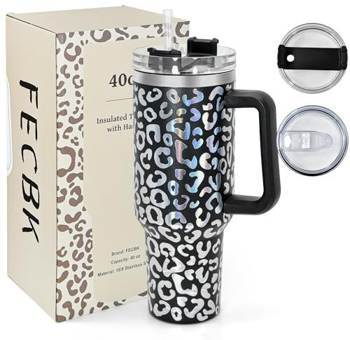 FECBK Mug Isotherme avec Paille et Poignée 1.2L, Tasse Isotherme 100% Anti-fuite, 34 Heures Froid, 12 Heures Chaud, Gobelet en Acier Inoxydable, Lavable au Lave-Vaisselle, Léopard Noir