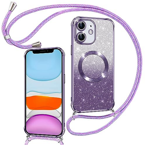 Phoona Cover Magnetica Glitter per iPhone 11 con Cordino, [Compatibile con MagSafe], Brillantini Sottile Lucida TPU Silicone Custodia per iPhone 11 Morbido Antiurto Cover, Viola