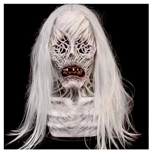 Guador Halloween Scary Latex Vollmaske - Horror Cosplay Kostüm Mit Weißem Haar - Weiblicher Geist Maske - Halloween Dekoration