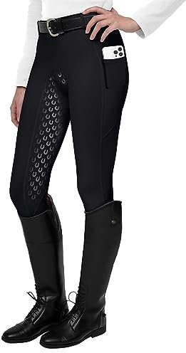 FitsT4 Sports Damen Reitleggings Silikon Vollbesatz Reithose mit Handytasche und Gürtelschlaufen,Schwarz,Gr.XXL