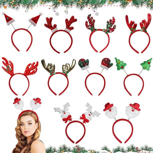 Weihnachts Haarreif, 10 Stück Rentier Haarreif Weihnachten Verschiedene Designs, Neuheit Weihnachtsfeier Weihnachts Haarschmuck Set, Geweih Kopfschmuck für Karnevalsparty-Cosplay (Einheitsgröße)
