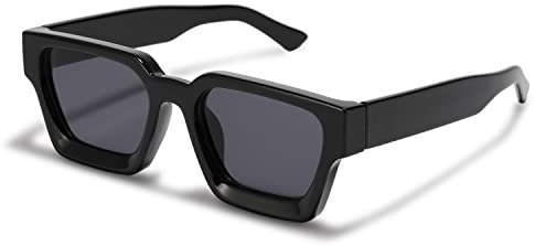 JCTAIFOO Vintage Rechteck Sonnenbrille für Damen Herren Retro Rechteckig Chunky Quadrat Große Dicke Frame Brille (Schwarz/Dunkelgrau)