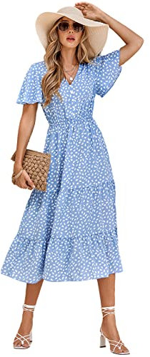 HEYPORK Damen Frühling Sommer Rock Bequem Lässig Kleider Mode Elegant Röcke Frauen V-Ausschnitt Ruffle Ärmel Bedrucktes Kleid(Blau, S)