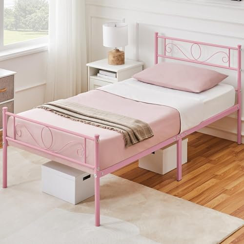 costoffs Single Metal Bed Frames Platform Bed with Scroll Design Headboard and Footboard,Ground clearance: 32 cm/Pink/3ft