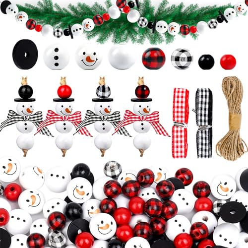 BGNXHYB 80 Weihnachtsholzperlen, Schneemann Holzperlen, Holzperlen mit Schneemann Gesicht, Holzkugeln mit Loch, Wooden Beads Christmas Perlen mit Schnur Schal, für DIY-Basteleien
