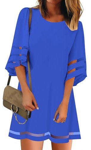 Vetinee Women's Lapis Blue Summer Dress, Size Medium (Fits UK Size 12 - 14), Above Knee Length, 3/4 Sleeve, Mesh Panel Trim Detail, Casual Dress for Women, Adult Women