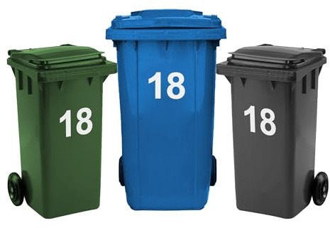 Rubigo 3 x Bin Numbers for Wheelie Bins, 0-99, Letters A-D, 17.5cm Dustbin Stickers, Easy Application Stick On Number Stickers - Weatherproof Self Adhesive Vinyl (18)