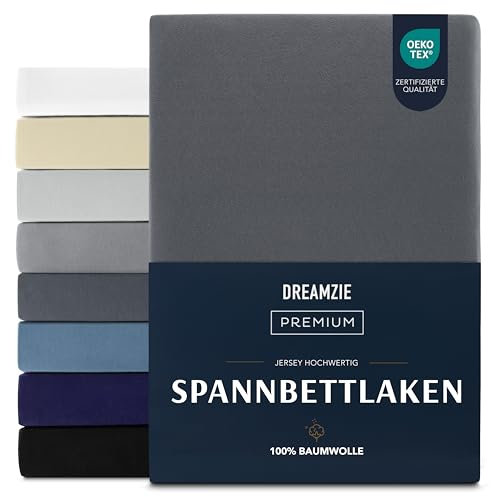 Dreamzie Premium Spannbettlaken 140x200 cm, Spannbetttuch für Dicke Matratzen bis zu 22 cm, Bettlaken 100% Jersey Baumwolle, 150 g/m², Oeko-TEX Zertifiziert - Dunkelgrau