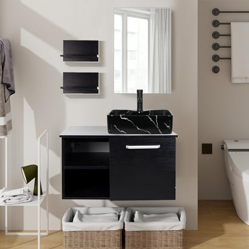 YU YUSING Badmöbel Set Waschbeckenunterschrank Badezimmerschrank mit Waschbecken Unterschrank Spiegel, Badezimmermöbel mit Waschtisch, Spiegelschrank, 2 Wandregale, Wasserhahn Set (Keramikbecken)