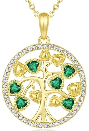 PAVELS Collier en argent sterling 925 plaqué or 18 carats - Pendentif arbre de vie avec pierres de zircone vertes - Élégante chaîne pour femme - Idée cadeau, argentée