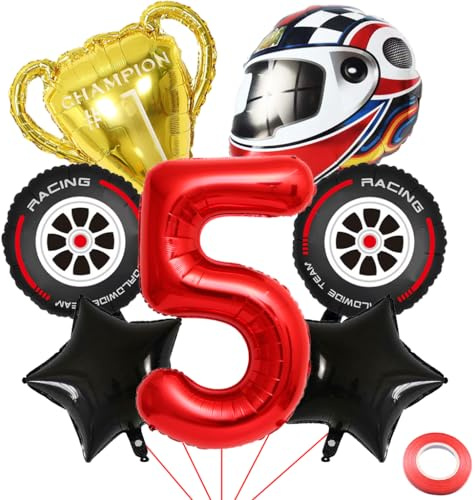 Kawailay 5 Jahr Rennauto Geburtstag Luftballons 5. Rennwagen Geburtstag Deko Racing 5. Geburtstag Deko Ballons Trophäen Helm Reifen Folienballon Rot Zahl 5 Luftballon für Junge Geburtstag Party