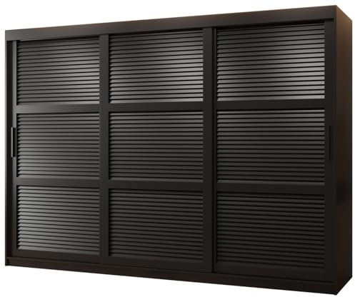 MEBLE KRYSPOL ŻALUZJA Dreitüriger Schrank mit Schiebetüren mit Stangen und Regalen - Moderner Aufbewahrungsschrank für Schlafzimmer, Wohnzimmer - 200x250x62cm - Schwarz, Schwarz, Schwarz