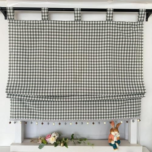 Vordesack Blickdichter Raffrollo mit Karo-Muster Landhausstil Gardinen mit Quasten-Kante Raffgardine mit Schlaufen Wohnzimmer Gardinenschal Küche 1 Stück Bunt HxB 140x140cm