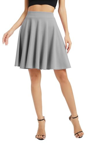 Damen Elegante Elastische Taille Ausgestellte A-Linie Midi Rock Basic Uniform Plissee Skater Röcke(S, Grau)