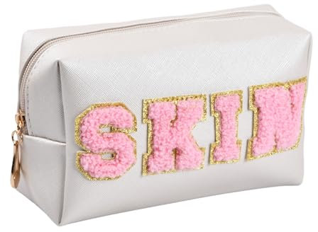 Dokeno Skin Patch Kosmetik Tasche, Preppy Patch Make-Up Tasche Chenille Buchstaben Kosmetiktasche Pu Große Kapazität Reise Toilettentaschen Damen Kosmetiktasche für Kosmetika Toilettenartikel