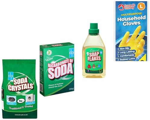 Home Cleaning Bundle - Soda Crystals 1kg, Bicarbonate of Soda 500g, Liquid Soap Flake 750ml, 2 Pairs of Household Gloves | Eco-Friendly Multi-Purpose Cleaning Essentials