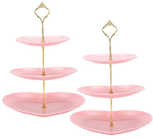Pasdrucn 3-Tier Heart Shape Dessert Cupcake Stand, 2 Pcs, Light Pink Plastic & Metal, 24x26x33cm, 0.6kg