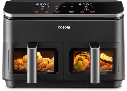 COSORI Friggitrice ad Aria Doppio Cestello Digitale, 8,5L Grande Capacità, Funzione 8 in 1, 35-230°C, Finestra,con Ricette Online, CAF-R901, Nero Profondo
