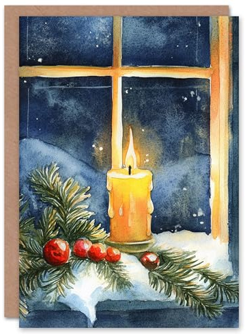 Artery8 Pillar Candle Holly Pine Window Snow Blank For Him Or Her Art Xmas Festive Christmas Card