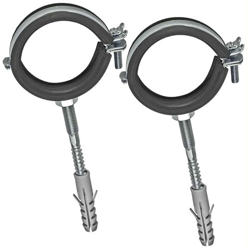 2 Stück Set Gelenk Rohrschellen aus Stahl verzinkt Spannbereich 40 bis 43 mm Rohr Außendurchmesser 1 1/4 Zoll mit Schallschutz Gummi Einlage + Dübel 10mm + Stockschrauben M8