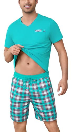 Aseniza Pyjama Homme Ete Ensembles de Pyjama Coton à Manches Courtes Vêtements de Détente Deux Pièces Loungewear avec T-Shirt et Shorts Carreaux pour Hommes Confortable Léger S-3XL
