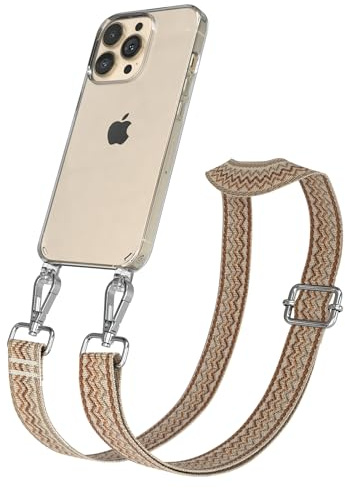 EAZY CASE Handykette - Verstellbares Taschenband kompatibel mit iPhone 13 Pro, Schulterriemen, Handykordel mit Silikon Hülle, Umhängetasche, Beige Braun Silber