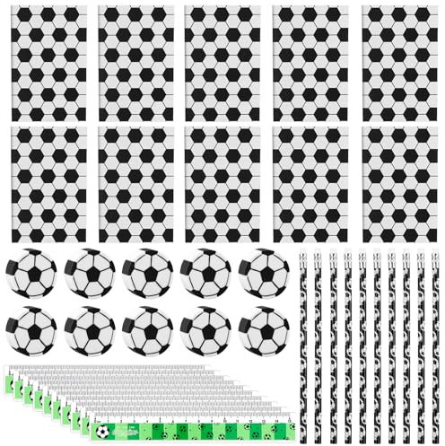 oneant Set di 40 sacchetti di cancelleria per feste a tema calcio, matite con gomma per cancellare, blocco note, righello, gomme da calcio, riempitivi per scuola, ufficio, regali, sport, decorazione