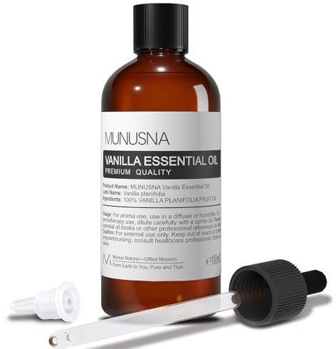 MUNUSNA Vanilla Essential Oil 100ml, Pure Natural Oil for Diffusers | Vanilla Oil with Warm Creamy Sweet Aroma, Solvent Extracted for Candle Making, Soaps, Massage Blends and DIY Projects