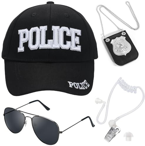 ERDOGLY Polizeimütze, FBI verstellbare Baseballkappe mit Cop Abzeichen, Halloween Geheimdienst Kostüm Ohrhörer für Erwachsene Männer Frauen, Polizeimützen-Set, Einheitsgröße