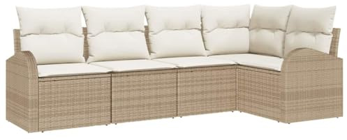 vidaXL Sofa Set mit Kissen 5 pcs Beige und Weiß Poly-Rattan, Garten und Terrasse, modernes Möbelset, Outdoor-Sofa Lounge, geflochtenes Sitzmöbel, wetterfest, einfacher Aufbau