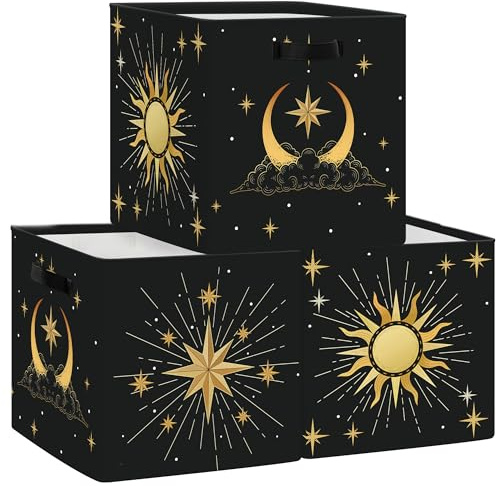 HUUMONSS 11.8 Sun Moon Celestial Storage Cube Organizer Set 3Pcs Clothes Storage Basket Bin for Closet Shelf Mid Century Modern Nursery Bedroom Book Toy Chest, Black Gold