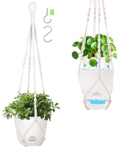 QCQHDU 2 PCS 14,5cm Pot Suspendu Plante Exterieur & Intérieure，Pots de Fleurs à Suspendre，86,36cm Macrame Suspension Plante,Bassin intérieur Transparent en Plastique avec Trou de Drainage