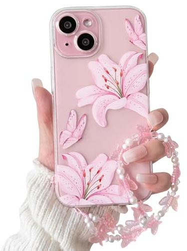 NITITOP for iPhone 15 Plus Case Clear Cute Flower Lily Chain,Pink | for Women Girls, Floral Butterfly Design, with Wrist Strap, Soft TPU Shockproof Cover, Full Camera Protection