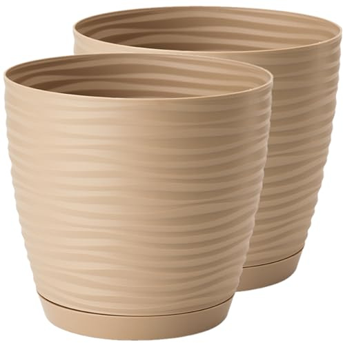 Home Garden Ornaments Plant Pots Indoor – Set of 2 Plastic Flower Pots with Saucer and Drainage Holes, Decorative 3D Wave Design (Taupe, 13cm / 5.1 inch)