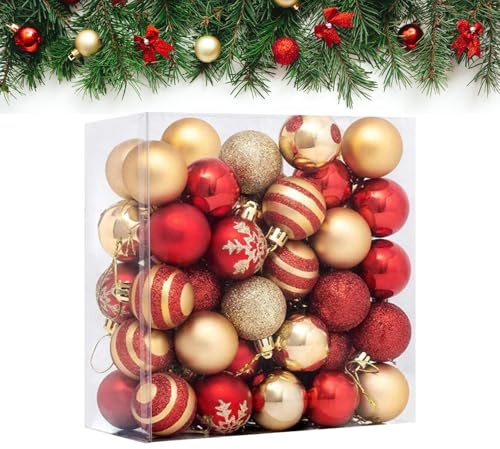 Qkbuza 50 Bolas de Navidad de ABS para decoración de Navidad, Color Rojo y Dorado, 4 x 4 cm, de, para el árbol de Navidad