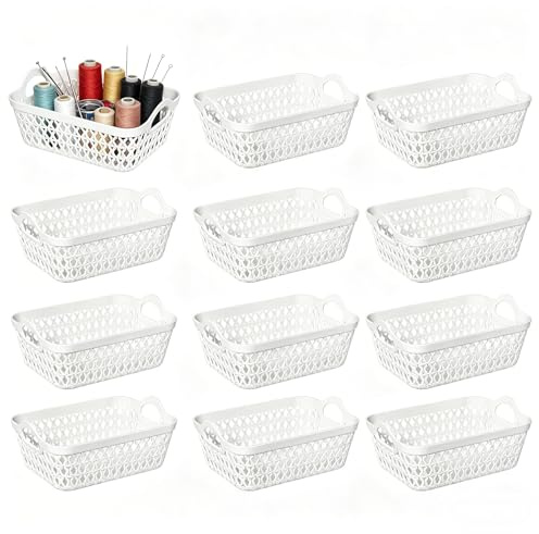 Vareone 12-Pack Plastic Desktop Storage Baskets, Mini Basket Trays for Shelves, Kitchen Cupboard, Office (White)