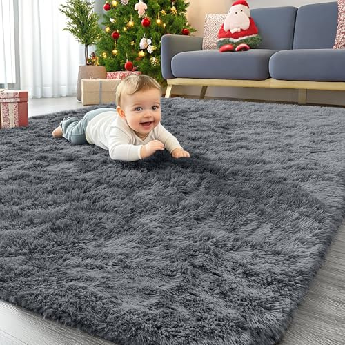 Homaxy Hochflor Waschbar Groß Teppich Wohnzimmer 300 x 400 cm, Dunkelgrau | Anti-Rutsch Unterseite Teppiche, Flauschig Teppich fürs Kinderzimmer, Schlafzimmer