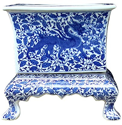 SdaryWare Vaso da Fiori in Porcellana Cinese Blu e Bianca con Supporto, Design in Stile Antico, per Orchidee, Elegante Vaso Quadrato in Ceramica per Piante grasse, Decorazione da Giardino PE