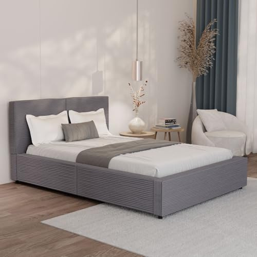 Juskys Polsterbett Salerno 140 x 200 cm – Cord Grau, modernes Bett mit Kopf- & Fußteil, stabilem Holz- & Metallrahmen, Lattenrost, 500 kg Tragkraft